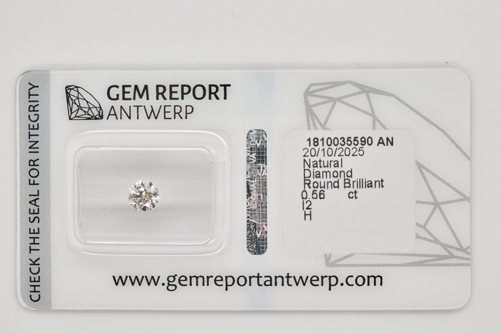 χωρίς τιμή ασφαλείας - 1 pcs Διαμάντι  (Φυσικό)  - 0.56 ct - Στρογγυλό - I2 - Gem Report Antwerp (GRA) #1.0