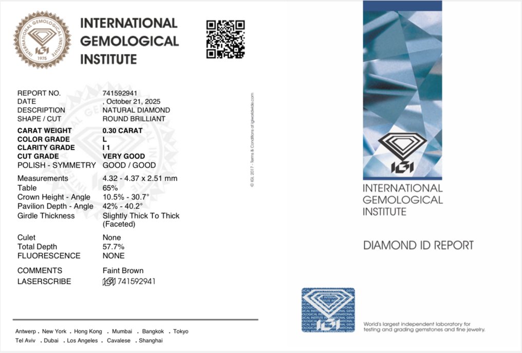 No reserve price - 1 pcs Diamond (Natural) - 0.30 ct - Round - L - I1 - International Gemological Institute (IGI) #4.3