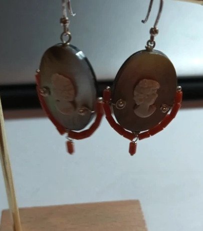 没有保留价 - 耳环 银 珊瑚 - 鲍鱼浮雕耳环 #4.3