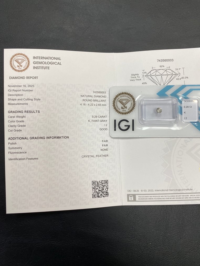 Nincs minimálár - 1 pcs Gyémánt (Természetes) - 0.29 ct - Kerek - K - I2 - Nemzetközi Gemmológiai Intézet (IGI) #4.3