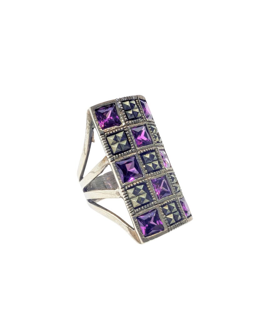 Sem preço de reserva - Anel Prata Ametista - Marcasite - 4,50 kt. #1.0