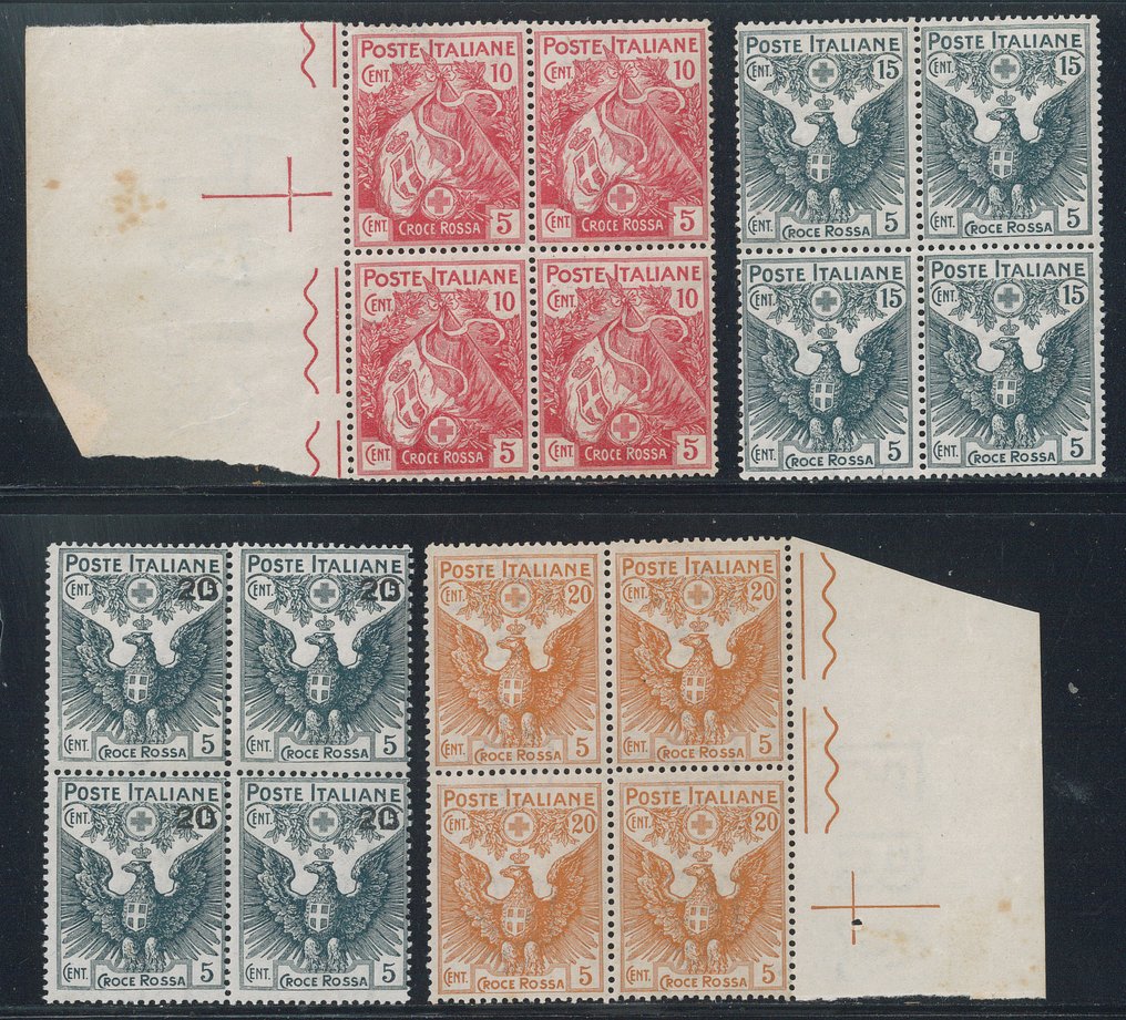 意大利王国  - 红十字会，系列 cpl. 编号 102/5，装在新鲜的四联纸中，有些在纸边缘。 #1.0
