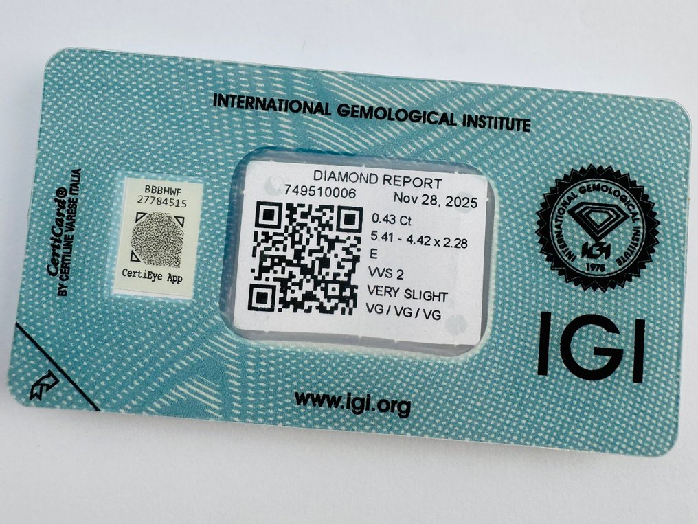 没有保留价 - 1 pcs 钻石 (天然) - 0.43 ct - 枕形 - E - VVS2 极轻微内含二级 - 国际宝石研究院(IGI) - *VG VSL* #1.0