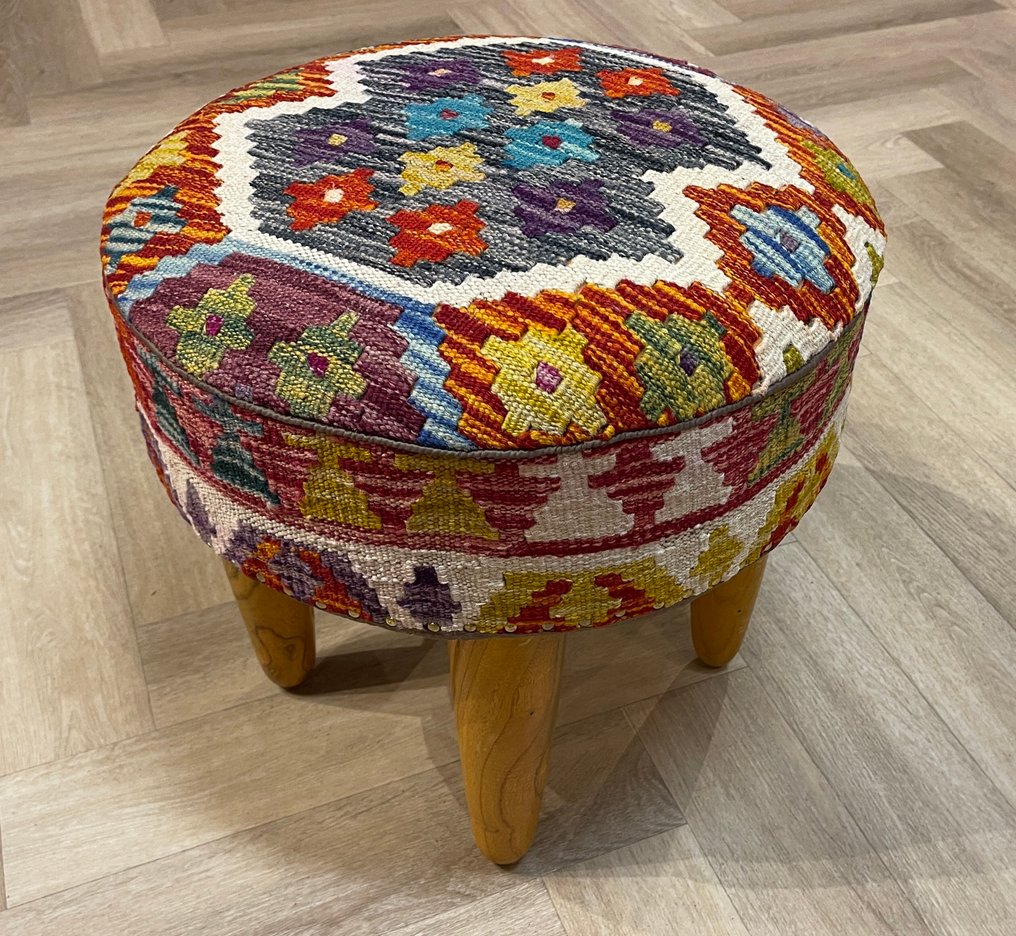 Kelim poef - handgewebt - unbenutzt - Wolle - farbenfroher Kelim - neu - unbenutzt - Teppich - 48 cm - 48 cm #1.0
