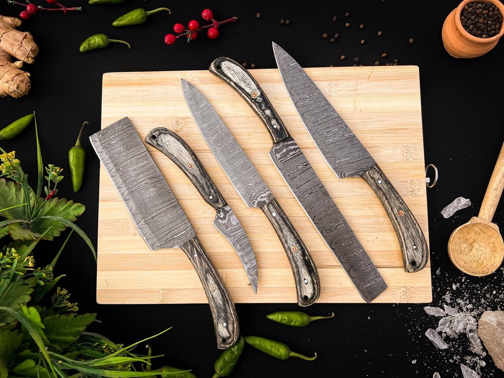 Μαχαίρι κουζίνας -  Σετ μαχαιρών κουζίνας για καθημερινή χρήση σε εσωτερικούς και εξωτερικούς χώρους (FK-150) - Χειρολαβή από εξωτικά αμερικανικά ξύλα και διπλωμένο ατσάλι 1095/15n20. - Ηνωμένες Πολιτείες - Σετ κουζίνας και μπάρμπεκιου #1.0