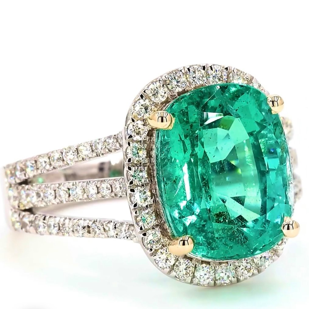 Anel - 14 K Ouro branco - 5.06ct. tw. Esmeralda - Diamante - SUPER CLEAN - VERDE AZULADO #4.3