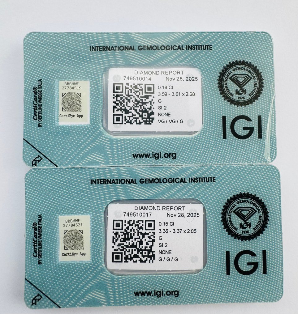 Zonder minimumprijs - 2 pcs Diamant (Natuurlijk) - 0.33 ct - Rond - G - SI2 - International Gemological Institute (IGI) - Matching Pair #1.0