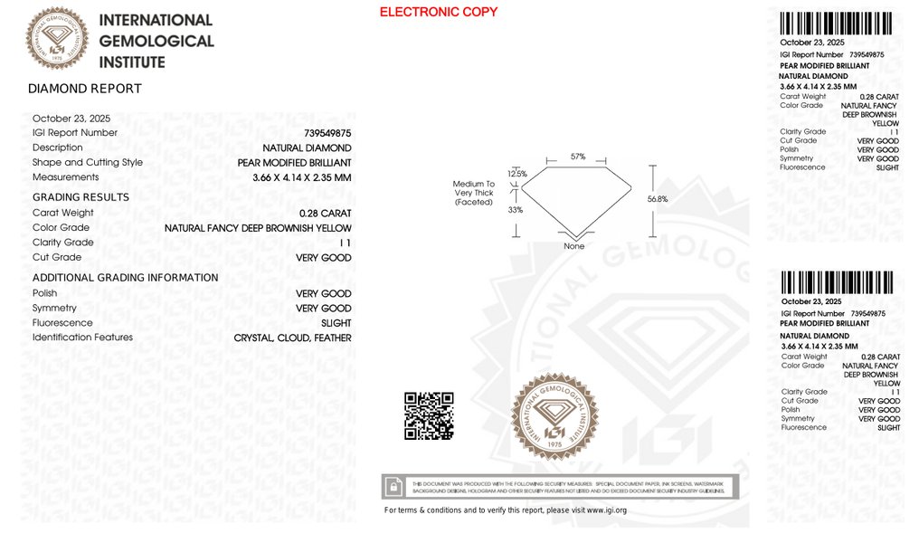 Nincs minimálár - 1 pcs Gyémánt  (Természetes)  - 0.28 ct - Körte - I1 - Nemzetközi Gemmológiai Intézet (IGI) #4.3