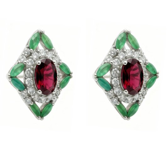 Senza prezzo di riserva - Orecchini Argento, Placcato oro Rodolite - Smeraldo - Zaffiro - 7.40 kt. #1.0