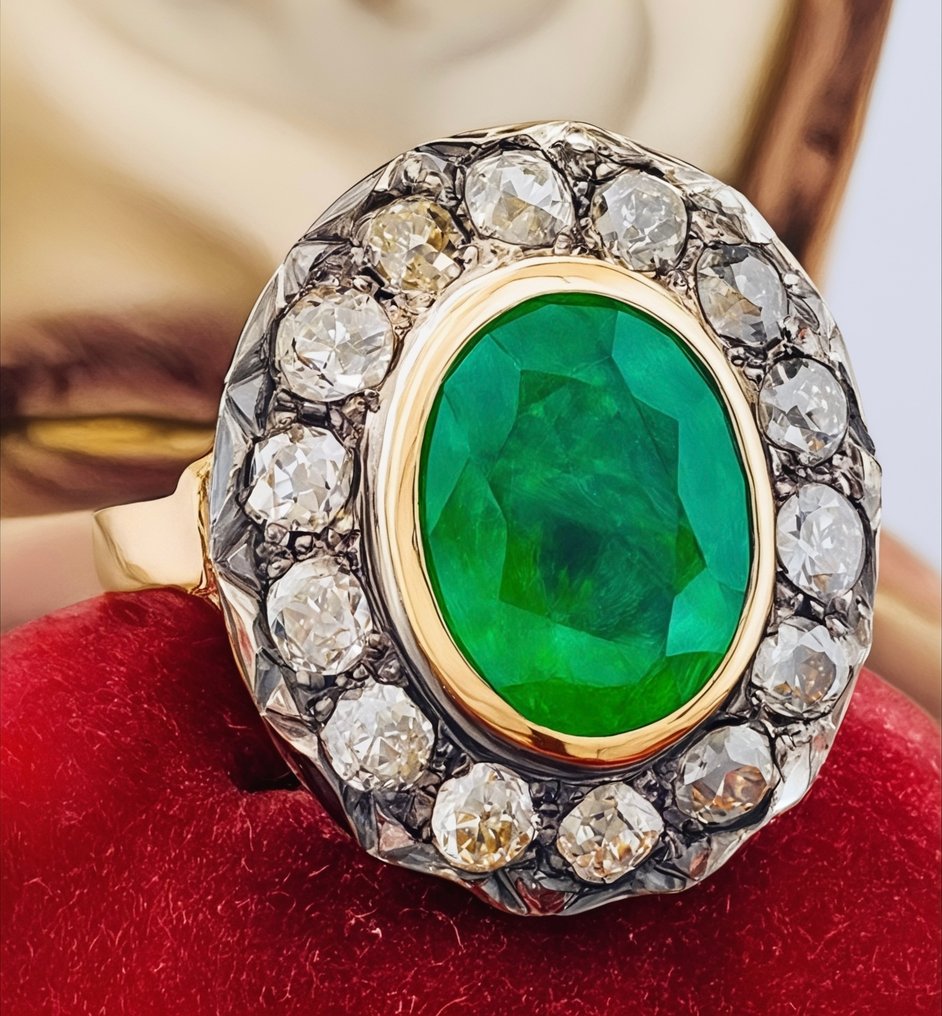 Ring - 12 karat Gull, Sølv Smaragd - Diamant #3.2