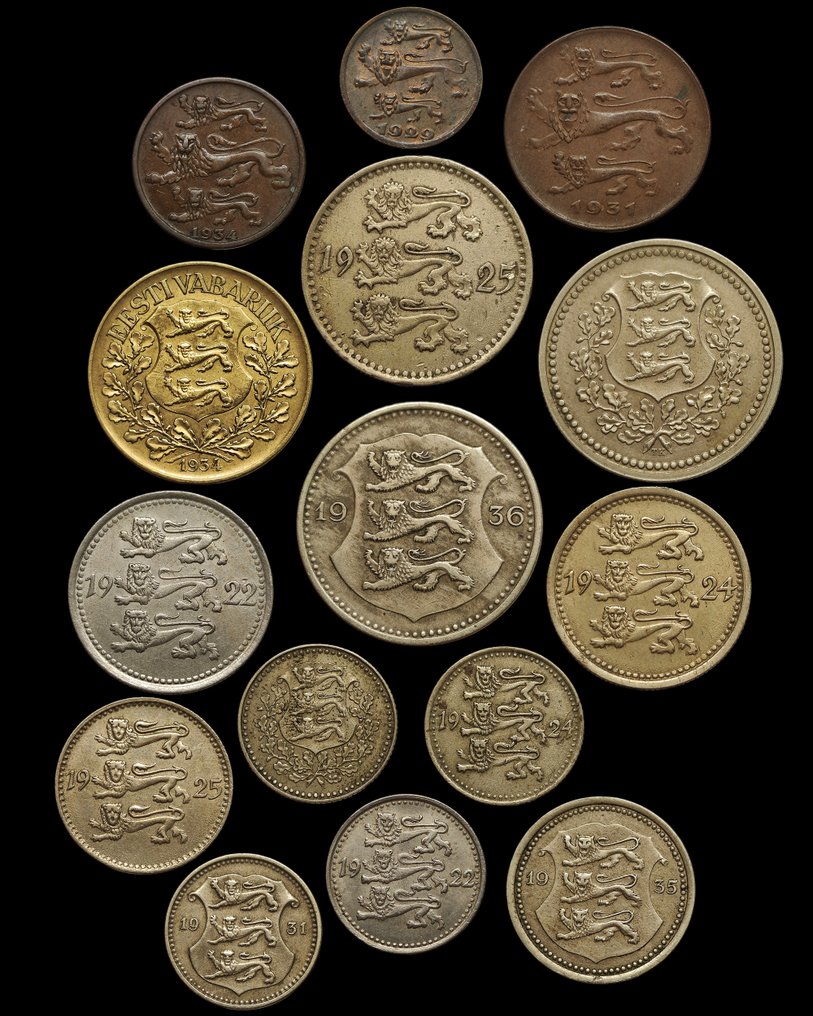 Észtország. Set of 15 coins: various Senti and Marka denominations 1922/1935 (Nincs minimálár) #1.0