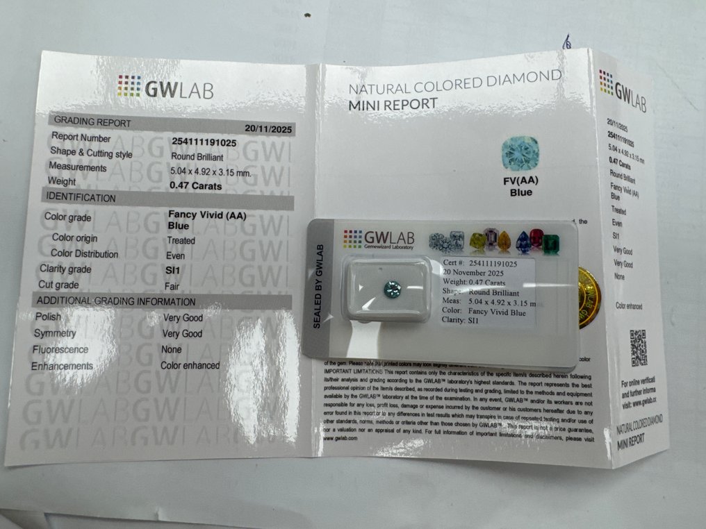Senza prezzo di riserva - 1 pcs Diamante  (Con trattamento colore)  - 0.47 ct - Rotondo - Fancy vivid Blu Blu - SI1 - Gemewizard Gemological Laboratory (GWLab) #2.1