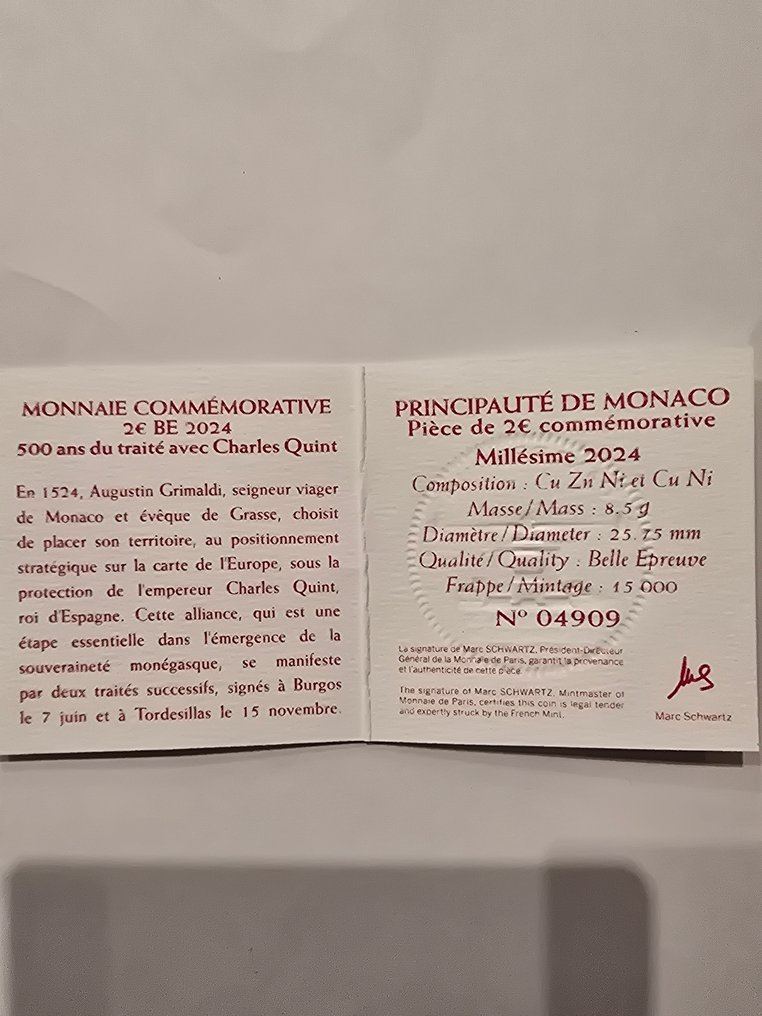 Monaco. 2 Euro 2024 "500 Ans du Traité de Burgos - Charles Quint" Proof (Zonder minimumprijs) #1.0