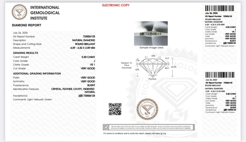 没有保留价 - 1 pcs 钻石 (天然) - 0.30 ct - 圆形 - J - VS1 轻微内含一级 - 国际宝石研究院(IGI) #4.3