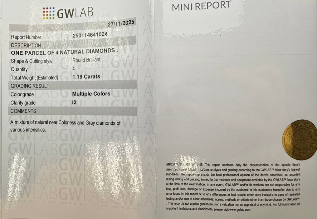 Zonder minimumprijs - 4 pcs Diamant  (Natuurlijk gekleurd)  - 1.19 ct - Rond Gemengde kleuren - P2 - Gemewizard Gemological Laboratory (GWLab) #2.1
