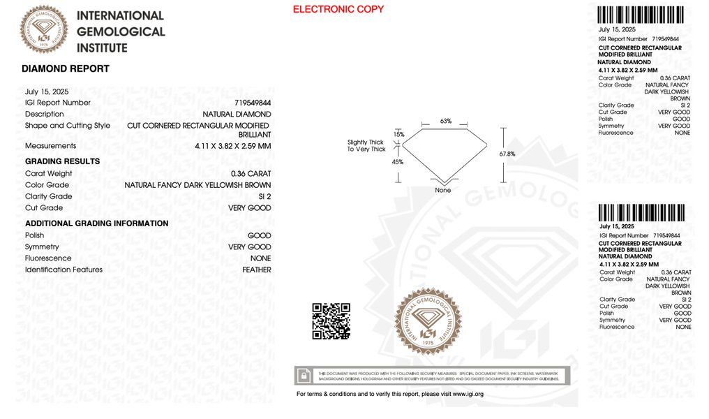 没有保留价 - 1 pcs 钻石  (天然)  - 0.36 ct - 矩形 - SI2 微内含二级 - 国际宝石研究院（IGI） #4.3