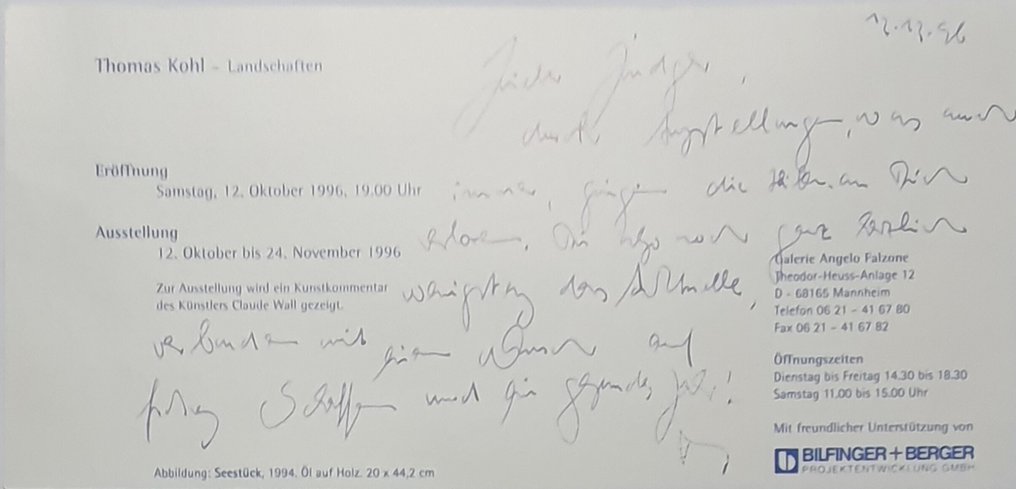Signed; Thomas Kohl - Invitation Card (written & signed from Thomas Kohl) "Seestück, 1994" & empty sketchbook - 1996 #1.0