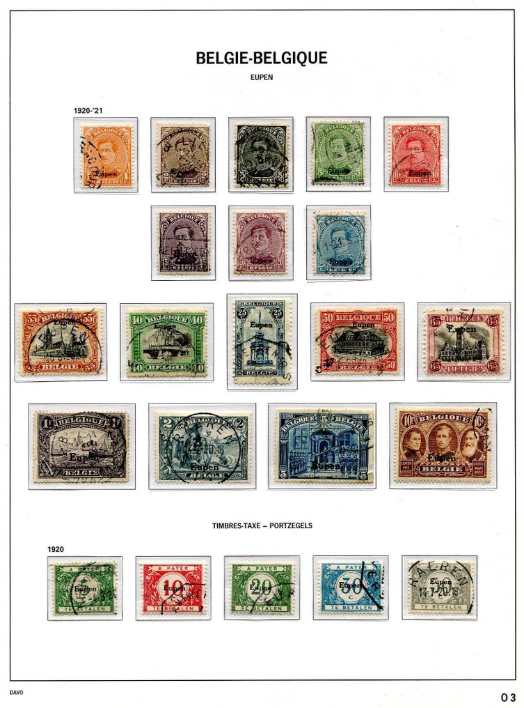 Βέλγιο 1914/1921 - Ολοκληρωμένη συλλογή ετικετών κατοχής σε σελίδες άλμπουμ Davo. - OBP/COB OC1/105 #2.1
