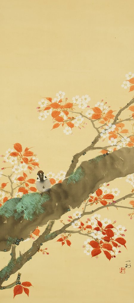 Mountain Cherry Blossom and Sparrow with Original Box (Tomobako) - with signature and seal - Japani (Ei pohjahintaa) #3.2