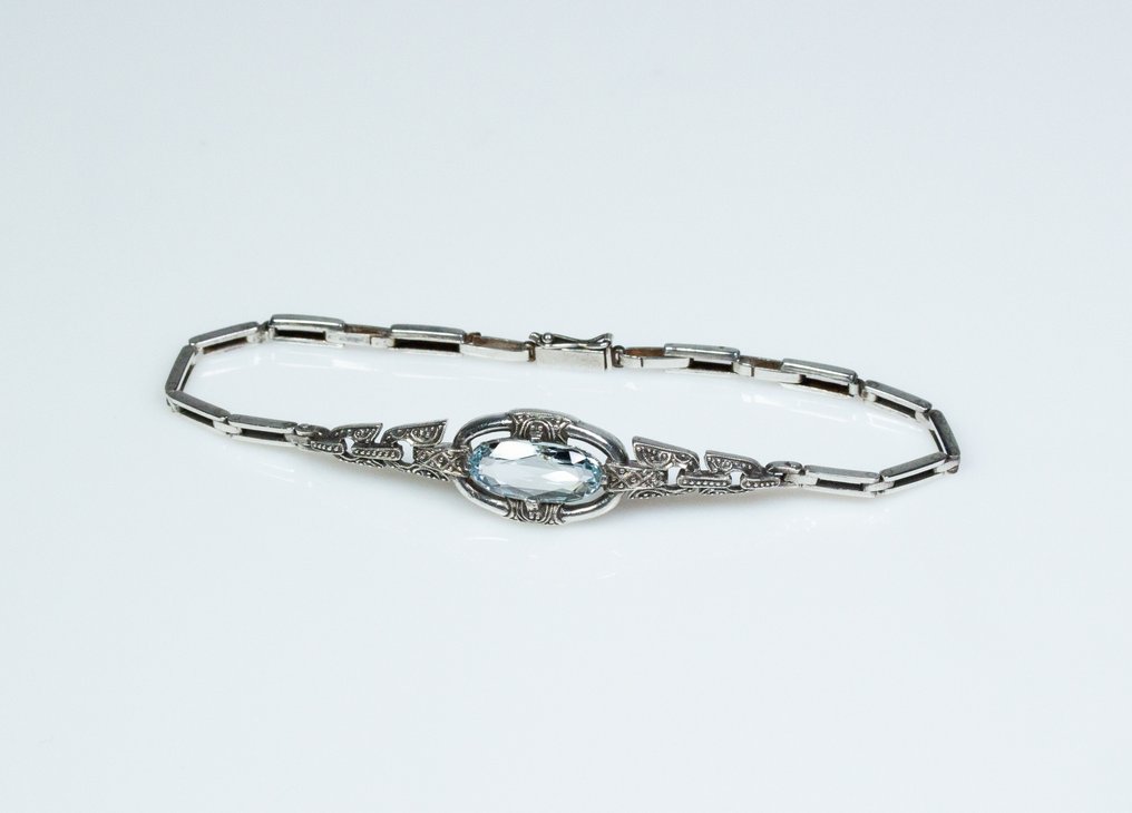 830银 - Art Deco - 天然海蓝宝石 - 手鈪 #2.1