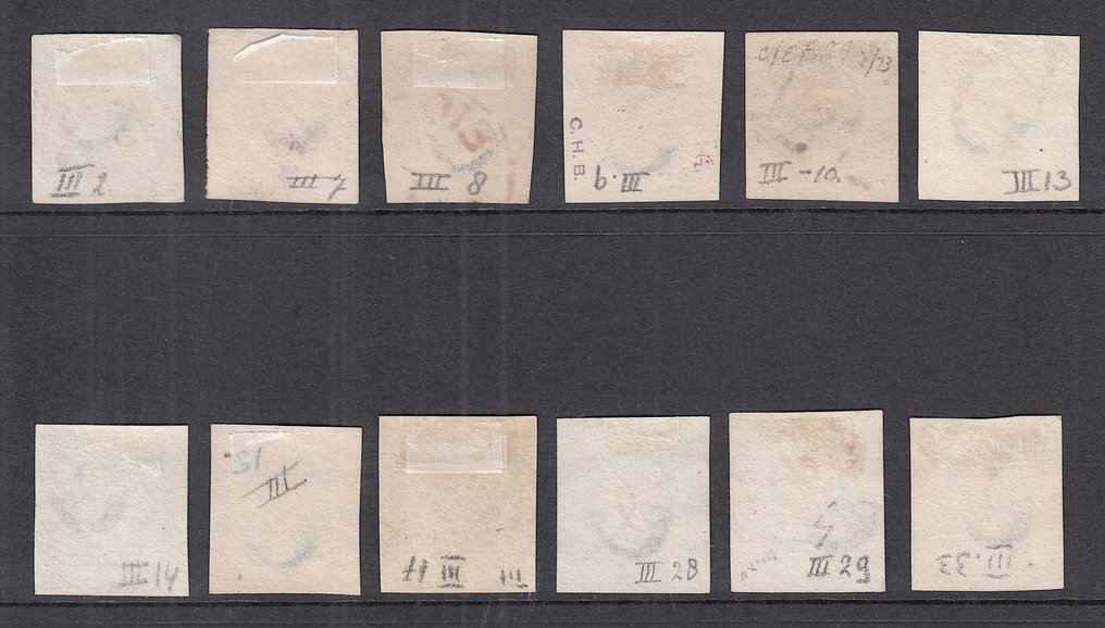 Ολλανδία 1852 - Επιλογή 12 τοποθετημένων γραμματοσήμων από τον πίνακα III. - NVPH 1 (12x) #1.0