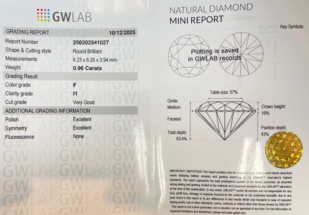 Senza prezzo di riserva - 1 pcs Diamante  (Naturale)  - 0.96 ct - Rotondo - F - I1 - Gemewizard Gemological Laboratory (GWLab) #2.1