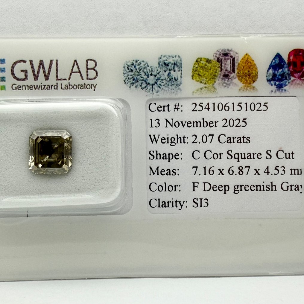 Fără preț de rezervă - 1 pcs Diamant (Colorat natural) - 2.07 ct - Pătrat - Fancy deep verzui Gri - SI3 - GWLab (Laboratorul gemologic Gemewizard) #1.0