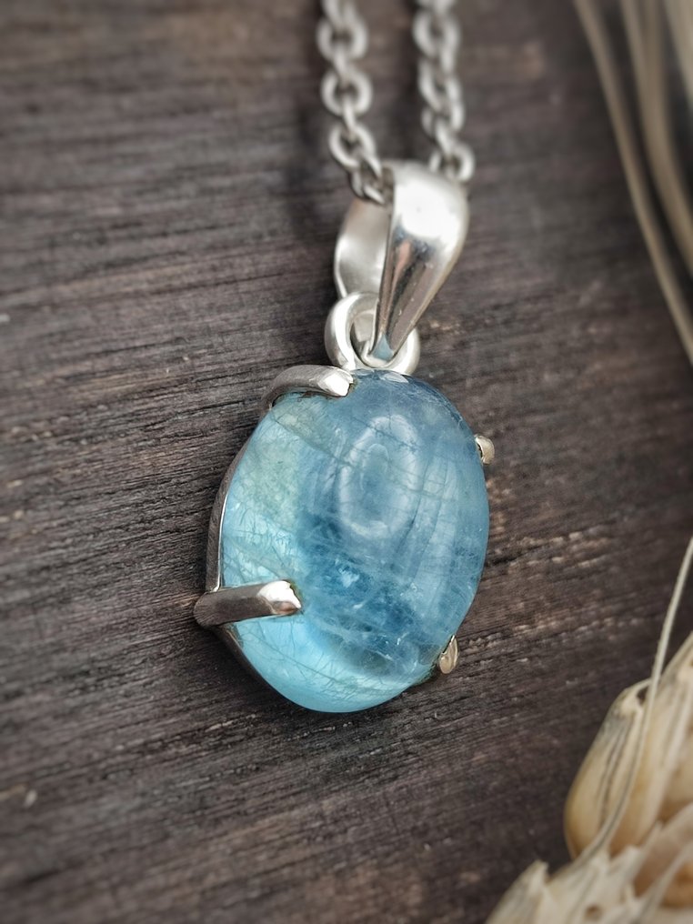925 silver jewel with top-quality aquamarine, chain included - Height: 27 mm - Width: 10 mm- 7.9 g - (1) #1.0