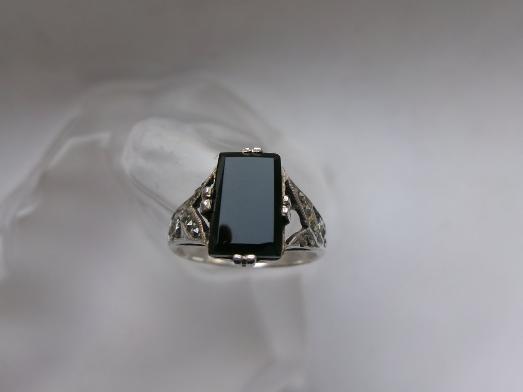 Sølv, Onyx & Marcasites - Ring - Art Deco-stil #2.1