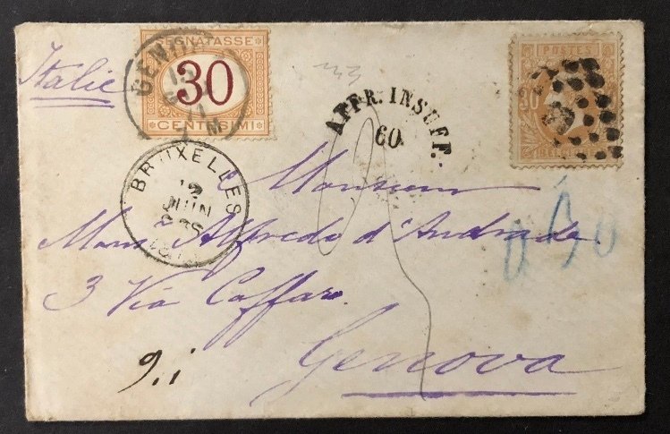 比利时 1870/1871 - 比利时 30 分 1871 信封 布鲁塞尔 征税 意大利 热那亚 #1.0