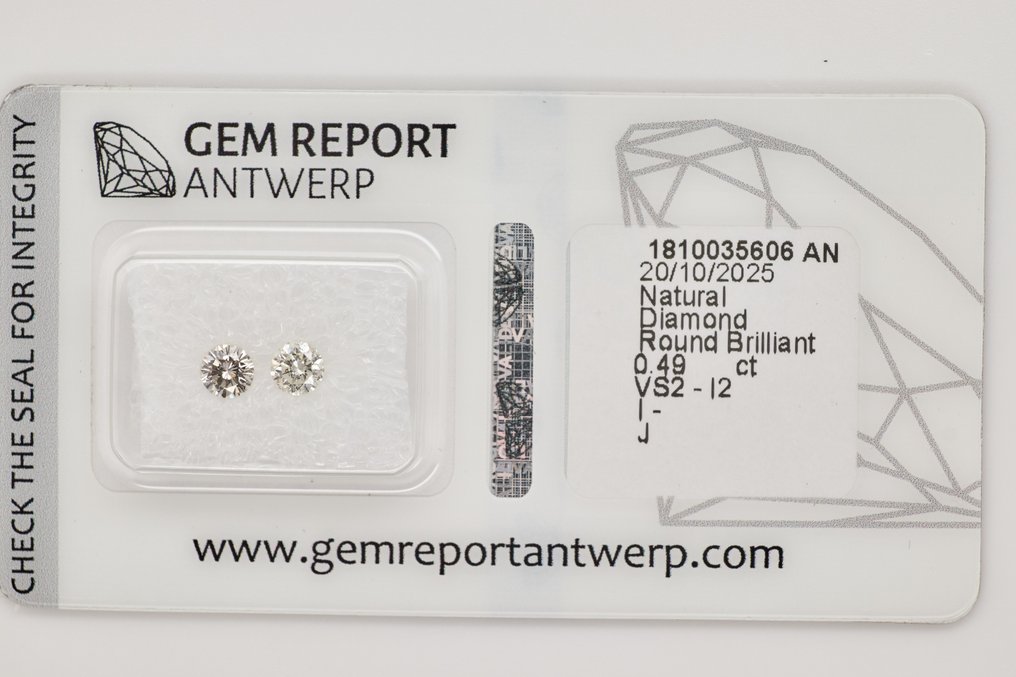 没有保留价 - 2 pcs 钻石  (天然)  - 0.49 ct - 圆形 - I, J - VS2 轻微内含二级, SI1 微内含一级, SI2 微内含二级, SI2 微内三含级, I1 内含一级, I2 内含二级 - 安特卫普宝石报告（GRA） #1.0