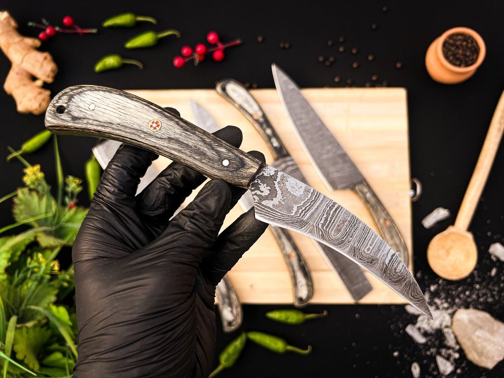 Μαχαίρι κουζίνας -  Σετ μαχαιρών κουζίνας για καθημερινή χρήση σε εσωτερικούς και εξωτερικούς χώρους (FK-150) - Χειρολαβή από εξωτικά αμερικανικά ξύλα και διπλωμένο ατσάλι 1095/15n20. - Ηνωμένες Πολιτείες - Σετ κουζίνας και μπάρμπεκιου #2.1