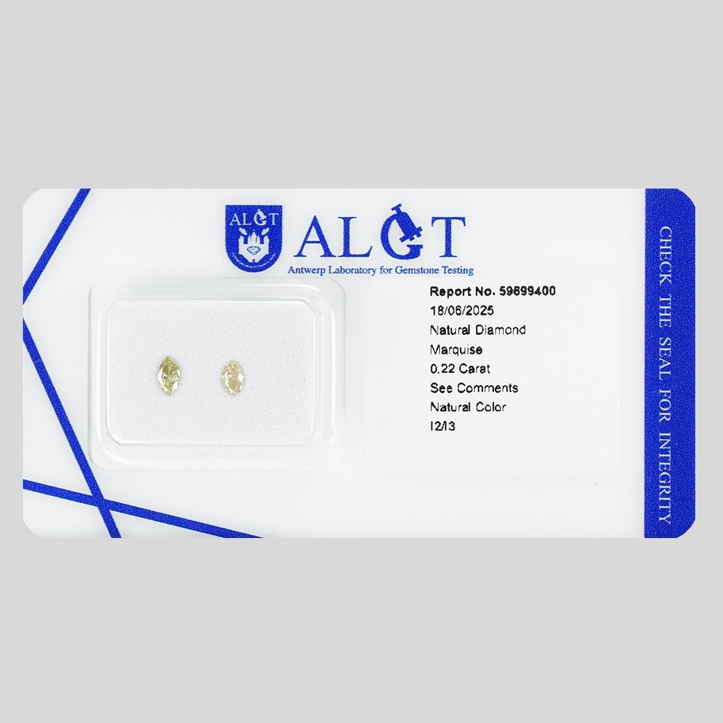 Senza prezzo di riserva - 2 pcs Diamante (Colorato naturale) - 0.22 ct - Marquise - Fancy Giallognolo, Marroncino Marrone, Giallo - I2, I3 - Antwerp Laboratory for Gemstone Testing (ALGT) #2.1