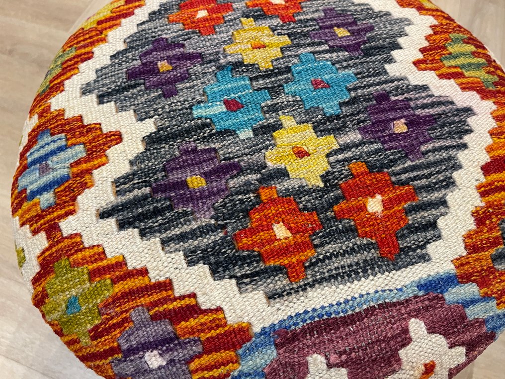 Kelim poef - handgewebt - unbenutzt - Wolle - farbenfroher Kelim - neu - unbenutzt - Teppich - 48 cm - 48 cm #1.0