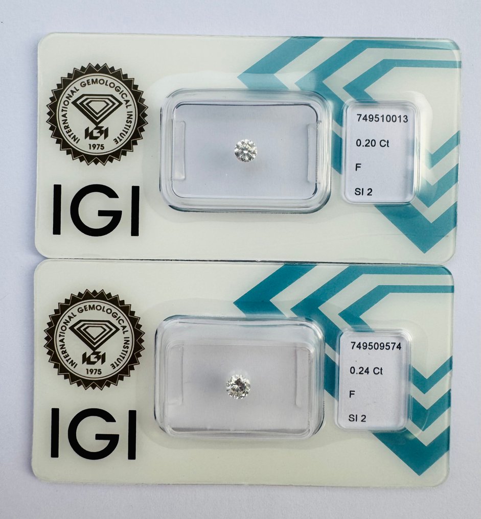 没有保留价 - 2 pcs 钻石  (天然)  - 0.44 ct - 圆形 - F - SI2 微内含二级 - 国际宝石研究院（IGI） - 配对，EX VG #1.0