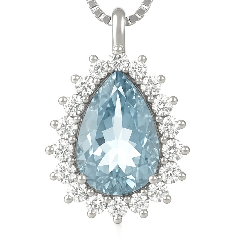 Κολιέ με μενταγιόν - 18 καράτια Λευκός χρυσός - 1.24ct. tw. Ακουαμαρίνης - Διαμάντι #1.0