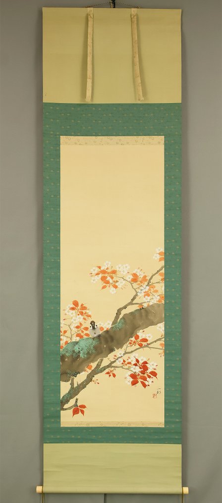 Mountain Cherry Blossom and Sparrow with Original Box (Tomobako) - with signature and seal - Japani (Ei pohjahintaa) #1.0