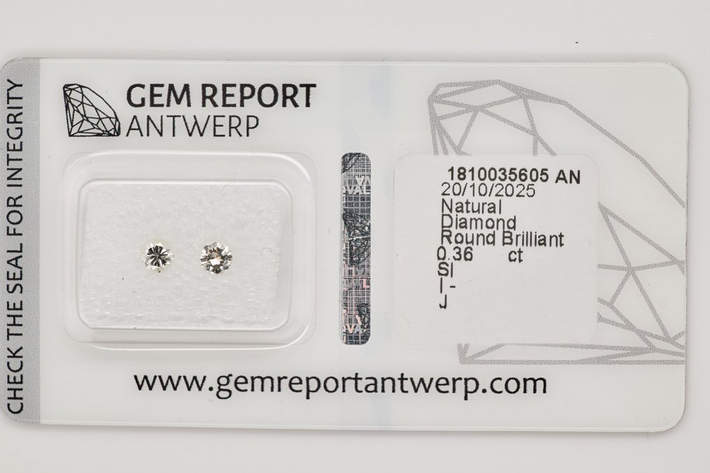 没有保留价 - 2 pcs 钻石  (天然)  - 0.36 ct - 圆形 - I, J - SI1 微内含一级, SI2 微内含二级 - 安特卫普宝石报告（GRA） #1.0