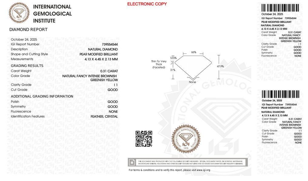 No reserve price - 1 pcs Diamond  (Natural)  - 0.31 ct - Pear - I1 - International Gemological Institute (IGI) #4.3