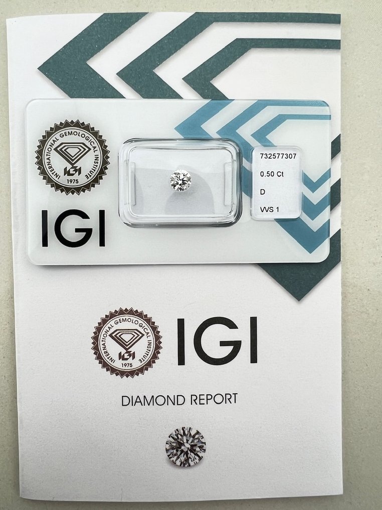 1 pcs 钻石 (天然) - 0.50 ct - 圆形 - D (无色) - VVS1 极轻微内含一级 - 国际宝石研究院(IGI) #1.0