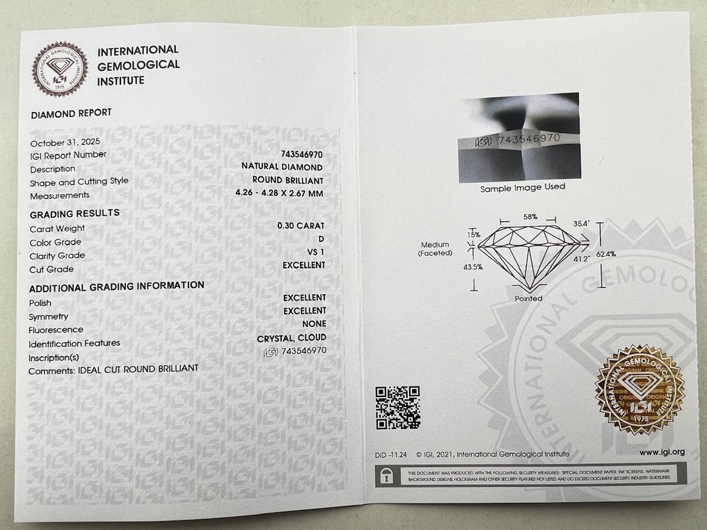 χωρίς τιμή ασφαλείας - 1 pcs Διαμάντι (Φυσικό) - 0.30 ct - Στρογγυλό - D (άχρωμο) - VS1 - International Gemological Institute (IGI) #3.2