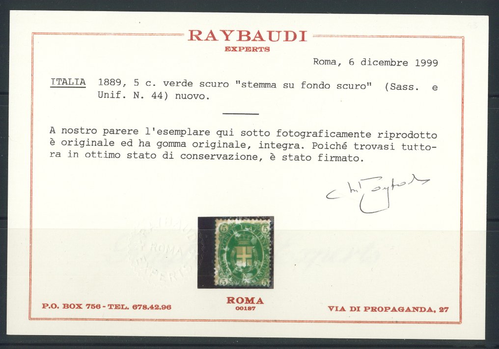 意大利王国  - Stemma，深绿色，编号44。Raybaudi认证。 #1.0