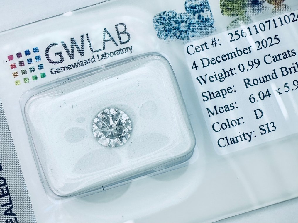 1 pcs Diamond  (Natural)  - 0.99 ct - Round - D (colourless) - SI3 - Gemewizard Gemological Laboratory (GWLab) - ( NATURAL ) #3.2