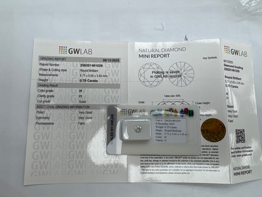 Sin precio de reserva - 1 pcs Diamante (Natural) - 0.70 ct - Redondo - H - I1 - Gemewizard Gemological Laboratory (GWLab) #2.1