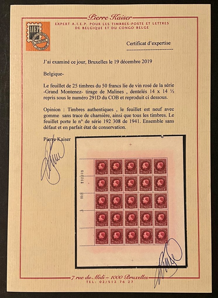 Belgium 1929 - Issuance 'Grote Montenez' - 50fr Pink-Red Wine - IN VELLETJE - OBP F291D - met certificaat #3.2