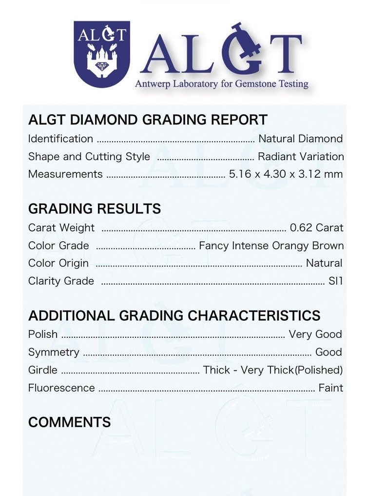 1 pcs Diamond  (Natural coloured)  - 0.62 ct - Radiant - Fancy intense Orangy Brown - SI1 - Antwerp Laboratory for Gemstone Testing (ALGT) #2.1