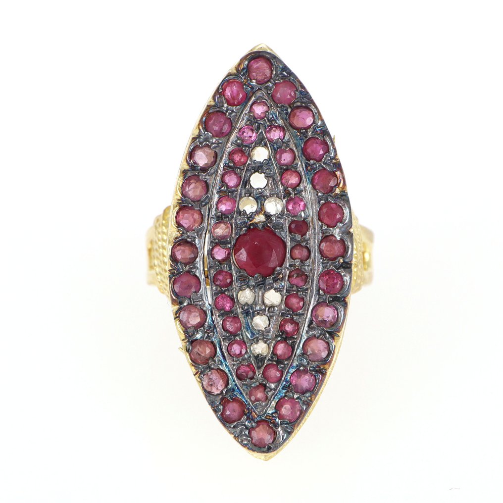 χωρίς τιμή ασφαλείας - Δαχτυλίδι - 14 καράτια Κίτρινο χρυσό, Ασημί Ρουμπίνι - Διαμάντι #1.0