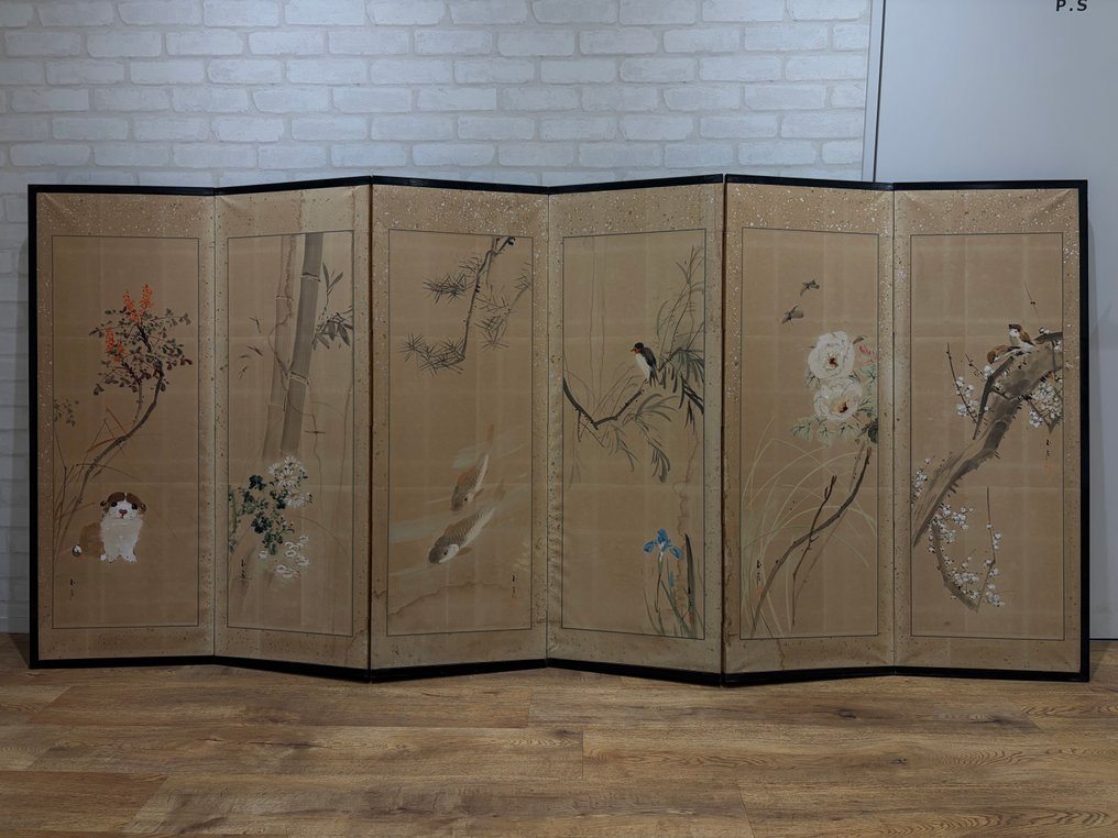 日本折叠屏风 - 木, 纸 - signed Gairei 外嶺 - 日本 - Meiji period (1868-1912) - 花/松/鸟/竹 #1.0