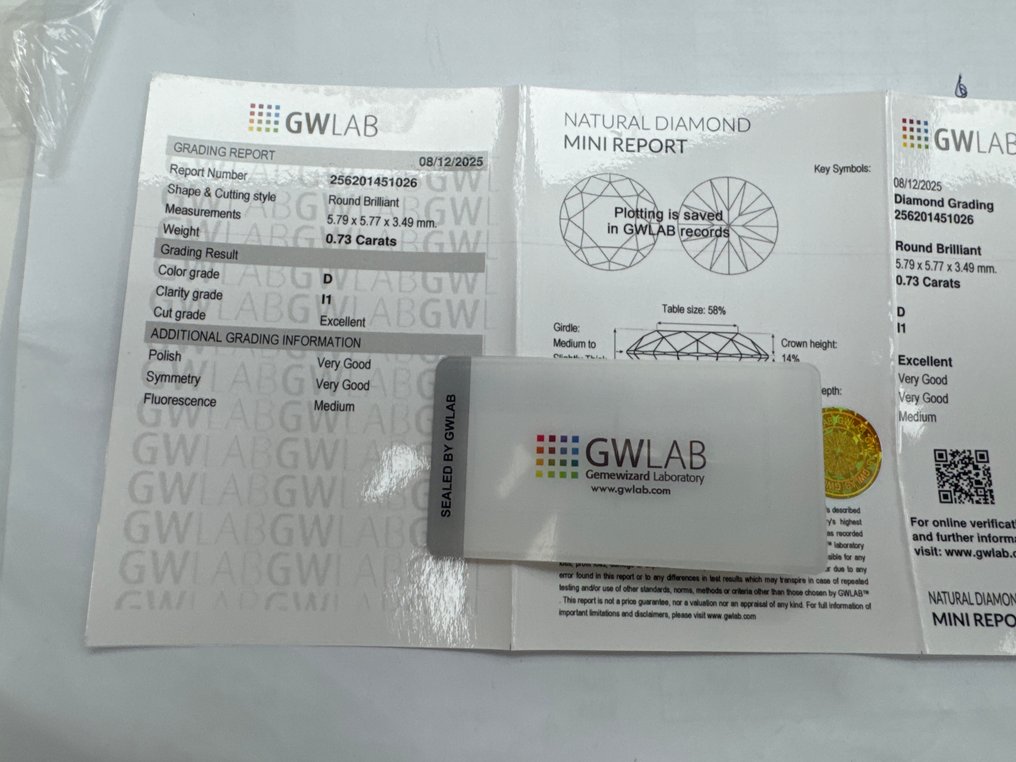 沒有保留價 - 1 pcs 鑽石  (天然)  - 0.73 ct - 圓形 - D (無色) - I1 - Gemewizard Gemological Laboratory (GWLab) #3.2