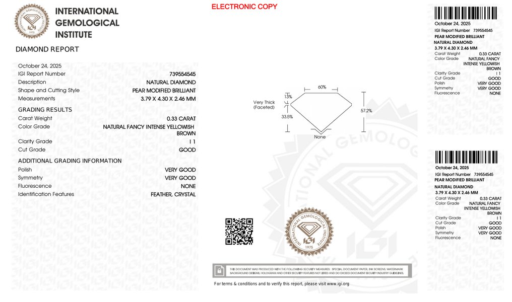 Nincs minimálár - 1 pcs Gyémánt  (Természetes)  - 0.33 ct - Körte - I1 - Nemzetközi Gemmológiai Intézet (IGI) #4.3